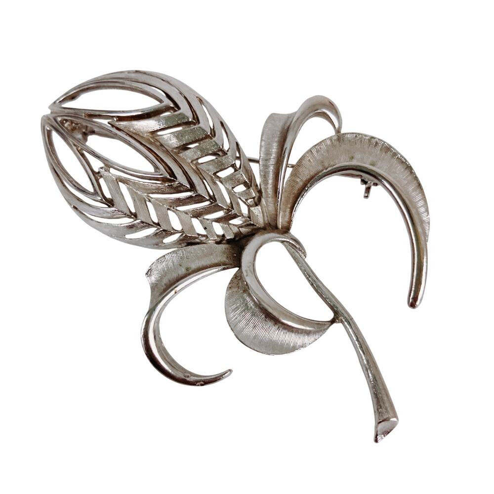 Signed Torino Silver Tone Abstract Botanical Brooch Vintage Mid Century Modern